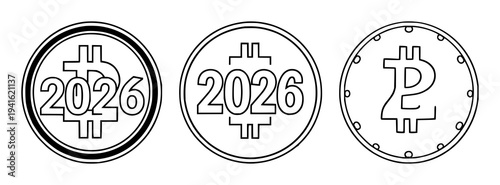 2026 token coin icon set with black outline flat design on white featuring digital token, cryptocurrency, finance with bold black outlines and flat vector
