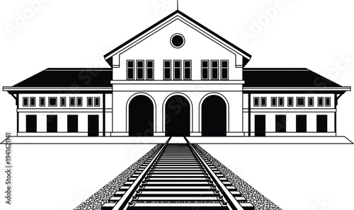 Historic railway station building with train tracks perspective, classic transport architecture vector illustration for travel, railway infrastructure and transit