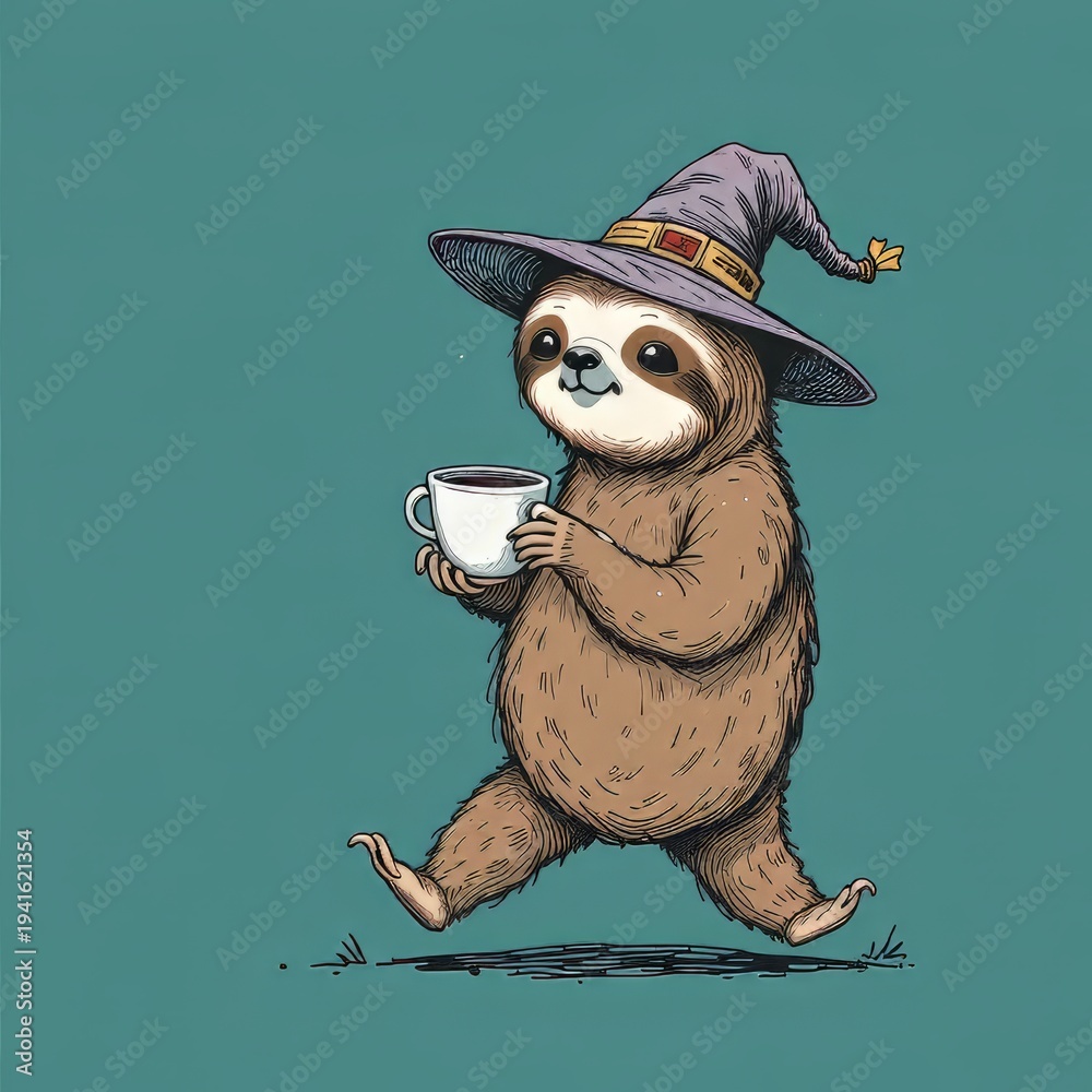 Fototapeta premium Whimsical Sloth Wizard: Hand-Drawn Style Illustration of a Cartoon Sloth Walking with Coffee on Teal Background