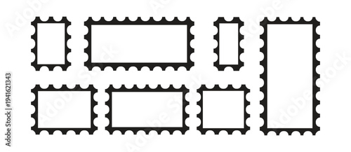 Blank collection of 7 postage stamps. Paper postmarks for mail letter isolated on white background. Vintage objects for poster, banner, badge, Vector.