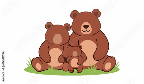 Cute forest bear family vector illustration with mom dad and cub cartoon animals isolated on white background