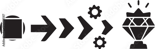 Black vector icons of a cube transforming into a diamond with arrows and gears on white background