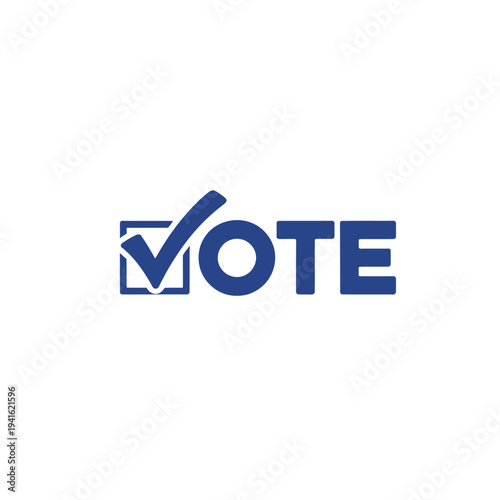 A blue graphic featuring the word vote with a checkmark inside a square