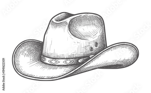 Black and white etching style of a cowboy hat with decorative band