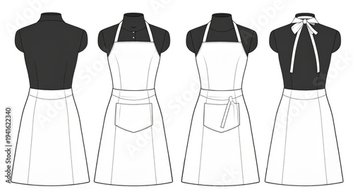 White apron technical flat sketch vector set with front and back views on mannequin for cafe restaurant uniform design, professional kitchen apparel template including pocket details and neck ties