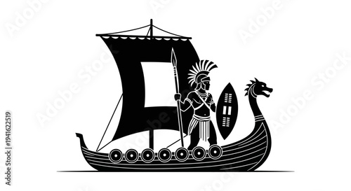 Ancient Greek Warrior on Viking Ship Silhouette, Spear and Shield, Dragon Head