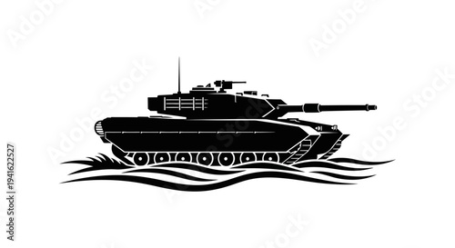 Amphibious Tank Silhouette Crossing Water Waves, Military Vehicle Icon