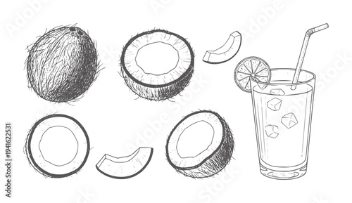 Black and white of coconut and coconut drink with ice and lime slice glass