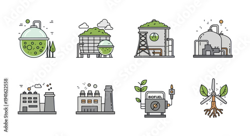 Bioenergy and Renewable Energy Industrial Process Icons Collection.