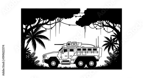 Armored Military Vehicle in Jungle Environment - Silhouette Style