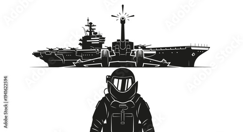 Astronaut Confronts Aircraft Carrier and Artillery Gun in Surreal Military Scene