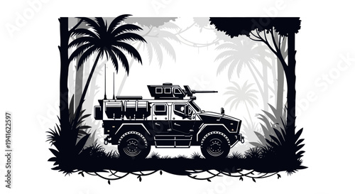 Armored Military Vehicle in Dense Jungle Silhouette with Palm Trees and Vines
