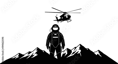 Astronaut on Mountain with Helicopter, Space Exploration, Adventure, Sci-Fi