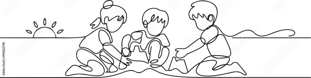 Obraz premium Summer beach kids playing sand in contouring. one line art icon drawing vector