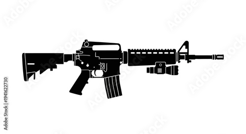 Black Silhouette of an Assault Rifle, Military Weapon Icon, Vector Illustration