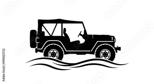 Black Silhouette of an Off-Road Jeep Driving Through Water Waves