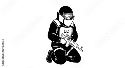 Bomb Disposal Expert in Protective Suit with Rifle Kneeling