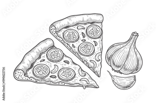 Two black and white illustrated pizza slices with cucumber and garlic cloves