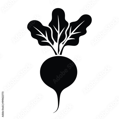 A simple black silhouette illustration of a beetroot with green leafy tops