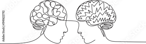 bipolar disorders two human brains two personality in continuous line drawing vector illustration. one line art icon drawing vector