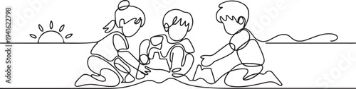Summer beach kids playing sand in contouring. one line art icon drawing vector