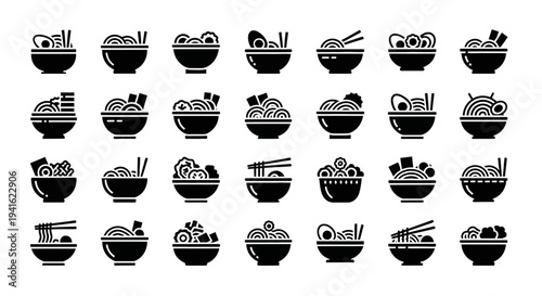 Assorted bowls of noodles and soup with various toppings and chopsticks displayed in a grid pattern