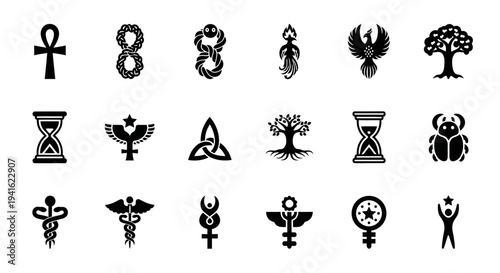 Collection of ancient symbols and icons representing various cultures and mythologies displayed in a grid layout