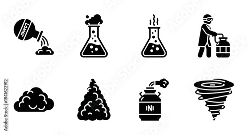 Various scientific icons depicting experiments and natural disasters in a simple illustration style