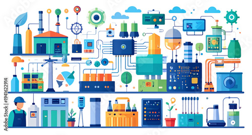 Technology and Recycling in Modern Industry – Circuit Boards, Waste Management, and Eco-Friendly Process Vector Illustration