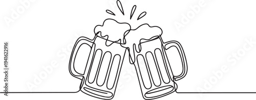 continuous line drawing of beer mug frothing clinking in happiness hour party time. one line art icon drawing vector