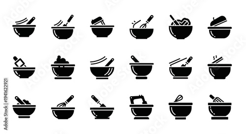 A grid of twenty black-and-white illustrations of various bowls and mortars with pestles