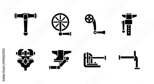 Collection of industrial machinery parts and tools on a clean background from various viewpoints