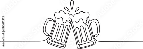 continuous line drawing of beer mug frothing clinking in happiness hour party time. one line art icon drawing vector