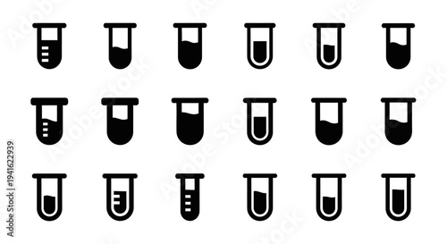Laboratory equipment icons arranged in a grid pattern, featuring various beakers and test tubes filled with different levels of liquid, presented in a clean and simple illustration style