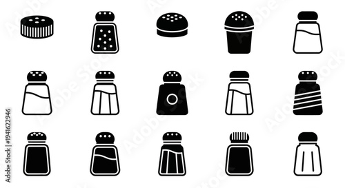 Assorted spice bottles and seasonings icons arranged neatly on a clean white background showcasing various designs and patterns
