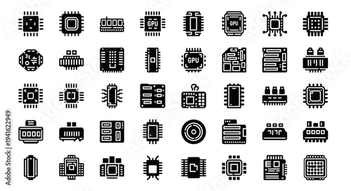 Collection of various electronic components and microchips displayed from a top view