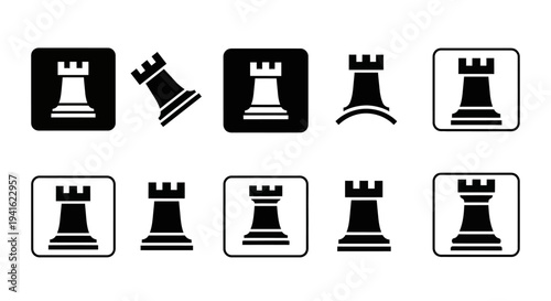 Set of black and white chess rook icons in various orientations and styles displayed on a clean white background