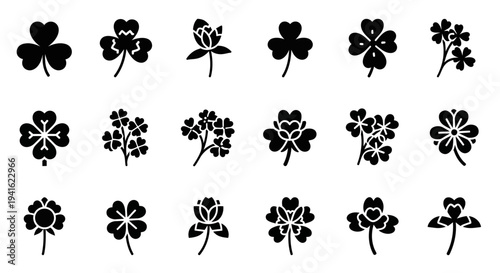 Collection of various black shamrock and four-leaf clover illustrations on a clean white background from a straightforward viewpoint.