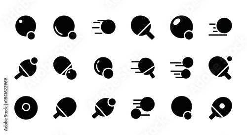 Collection of table tennis icons in various dynamic poses and actions