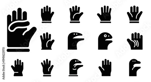 A collection of various hand gestures and robotic hands displayed in a grid layout against a plain background from a straightforward viewpoint