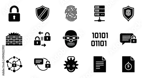 Collection of black cybersecurity icons on white background illustrating various security measures and threats from a straightforward viewpoint