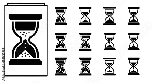 Collection of hourglass icons in various orientations displayed on a clean white background showcasing different viewpoints