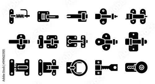 Collection of various mechanical hinge icons displayed in a grid layout on a clean white background from a direct viewpoint