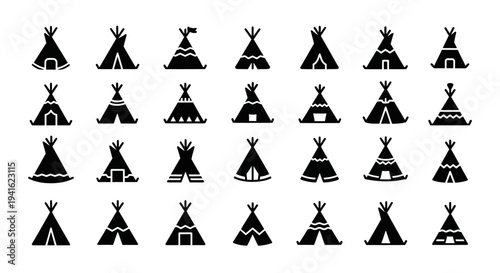 Collection of various teepee icons displayed in a grid pattern on a simple background viewed from directly above