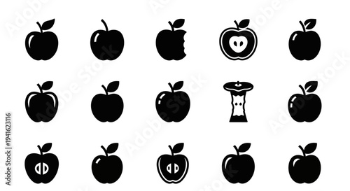 Collection of various apple icons and an hourglass symbol displayed together in a grid pattern on a simple background from a straightforward viewpoint