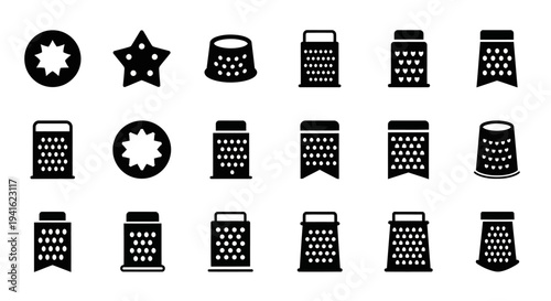 Collection of kitchen utensils and graters displayed on a white background from a direct viewpoint