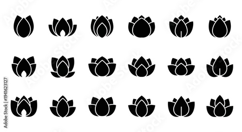 Collection of twenty different black lotus flower illustrations arranged in four rows on a clean white background viewed from directly above