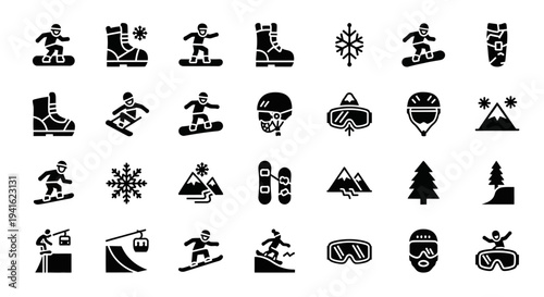 Collection of winter sports icons featuring skiing, snowboarding, and mountain scenery