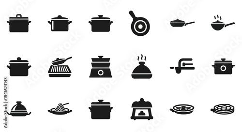 Collection of kitchen utensils and cookware icons displayed in a grid layout