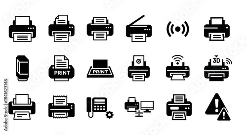 Collection of printer icons in various styles and functionalities displayed in a grid layout